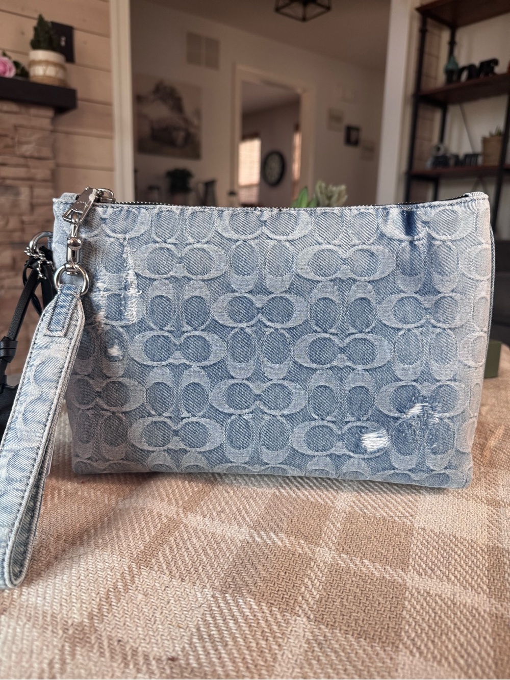 NEW Coach Signature Denim Signature Wristlet Pouch - Light Blue (Unisex)